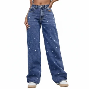 Vintage Washed Women's Baggy Denim Jeans High-Rise Loose-Fit Straight Trousers with All-Over Pearl Rhinestone Decoration