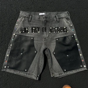Designer High Quality Denim Jeans Shorts for Men Y2K Streetwear Chain Casual Hip Hop Style Mid Waist Straight Cut for Summer