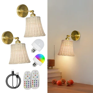 Cover Home Lighting Decor for Hallway Barn Loft Rattan Wireless Wall Sconce for Bedroom Cordless Battery Operated Wall Sconce