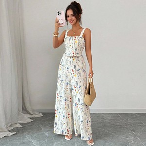 Custom All Over Floral Print Jumpsuit For Women Casual Wide Leg Pantsuit Ladies