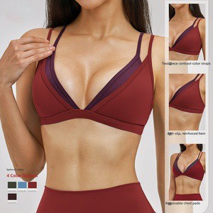 Women Yoga Sports Bra Backless Double Layer Contrast Workout Bra Naked Feel Gym Running Fitness Activewear