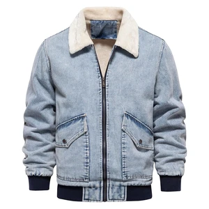 OEM Service Stylish Men's Blue Jeans Jacket With Fur Zipper Up Elastic Cuff Cotton Made Streetwear Men's Jean Jacket Coat