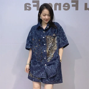 Women's Summer Cross-Border Plus Size Two-Piece Set Rhinestone Embellished Loose-Fitting Denim Top High Waist Wide-Leg Shorts
