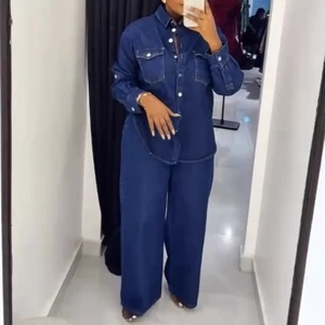 Women Denim 2 Piece Sets Coat Jeans Pockets Single Breasted Turn Down Collar Outfits Distressed Jacket Straight Pants Suit 2026