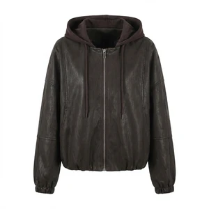 Women's Solid Hooded Oversized PU Leather Bomber Jacket Zip-Up Cropped With Drawstring Hem Coated Spring