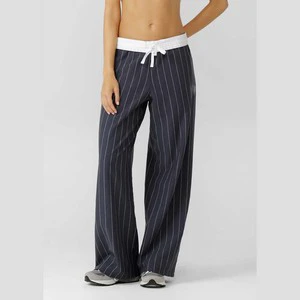 Custom Logo Women Casual Wear Straight Leg Bottoms White Stripes Drawstring Mid Waist Elastic Waist Midweight Active Dance Pants