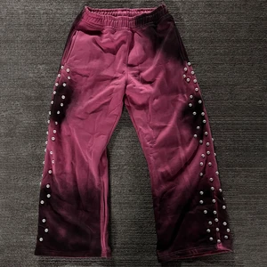 Custom Men's Pearl On Side Sweatpants Streetwear Cotton Terry Oversized Baggy Washed Rhinestones Pants For Men