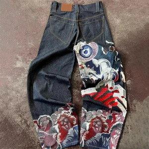 Vintage Distressed Embroidered Oversized Unisex Baggy Denim Jeans Knitted 100% Cotton Zipper Decor Mid Waist Casual Straight