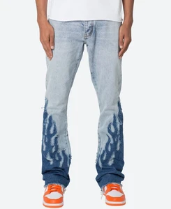 Yinope New Design Custom Men's Vintage Wash Light Blue Flame Panel Patch Distressed Stacked Flare Fit Denim Jeans