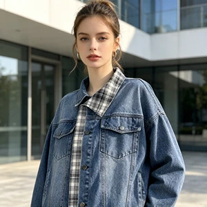 New Arrival Women's Faux Two-Piece Denim Jacket Checkered Shirt Patchwork Loose Fit Denim Jacket Factory Wholesale