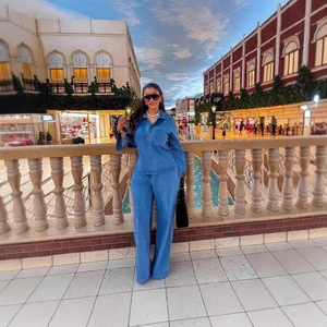 Custom Denim Suit for Women Long Sleeve Lapel Pocket Top + Lace up Straight Jeans Set Outfits for Women Denim Set for Ladies
