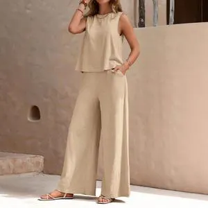 NY 2026 Spring Summer New Cotton and Linen Fashion Casual Loose Two-piece Sleeveless Top Loose Trousers Suit