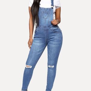 Fashion Denim Overalls Women Casual Daily Jumpsuit Solid Holes Straps Tight Calf Jeans