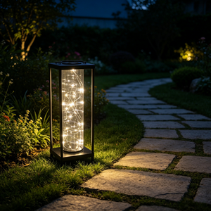 Custom Black Frame Solar Lantern Glass Cylinder Insert Outdoor Floor Lamp Waterproof LED Light For Garden Patio Decoration