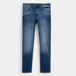 Medium Blue Denim Jeans Men's Slim Fit Pants Distressed Wash Comfortable Trendy Casual Trousers Straight Leg Stylish