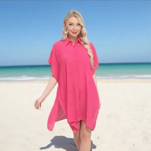 Stocked Women's V-Neck Beach Cover Shirt Dress Solid Plain 4 Colors Short-sleeved Bikini Cover-up