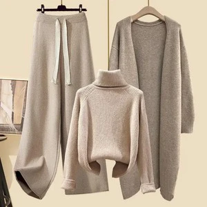 2024 New Women's Winter Suit Loose-Fit Plus Size Knit Sweater Jacket Slimming Bell Bottoms Three-Piece Set Idle Style
