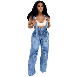 Summer Vintage New Casual Cargo Denim Washed Jeans Pants Suspenders Jumper Loose Pocket Trousers Womens Lady Overalls Pants