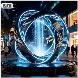 BSA Intertwined Circle Stainless Steel LED Light Water Fountain Sculpture Abstract Landscape Water Feature Of City Square