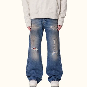Fashionable Men Vintage Flared Denim Pants Dark Blue Washed Baggy Wide Ripped Jean Pants Men
