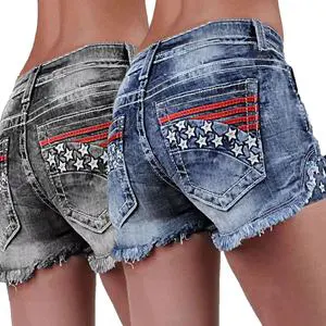 Summer Chic Women's Denim Embroidered Shorts Pop Stretch Patch Denim Embroidered Ripped Denim Shorts