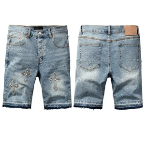Manufacturer Custom Luxury Jeans Men Cross Patch Jeans Y2K Long Denim Shorts Rhinestone Denim Shorts