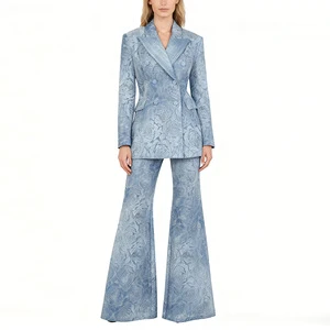 A11590 Lady Fashion Denim Suit Floral Long Sleeve Blazer Flared Pants Laser Engraving Notched Double-Breasted Office Lady Button