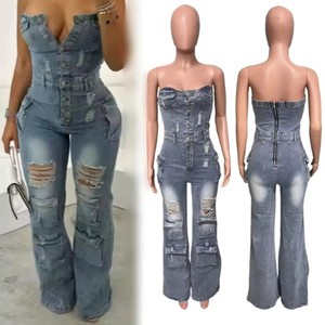 PEEQI 6028 Women Denim Stretch Pocket Patchwork Jeans Casual Streetwear One Piece Cargo Jumpsuits Bodycon