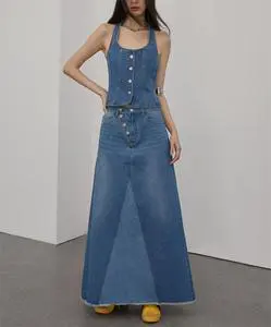 Women's Custom Two-Piece Set Summer A-Line Skirt Suit with Halter Denim Vest & Short Spliced Color Cowboy Style Custom Denim Set