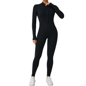 European American High-Intensity Fitness Sports Jumpsuit Long-Sleeved Yoga Jumpsuit with Detachable Chest Pad Half-Open Zipper