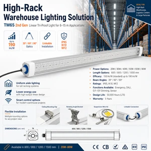 High Rack Warehouse LED Tri-Proof Light IP65 Rated 5-Year Warranty Multi-Color Temp For Narrow Aisles & Pallet Storage