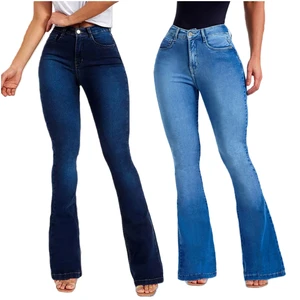 Wholesale New Fashion Plus Size Jeans Button Denim Casual Pants High Waist Flared Trousers Women's Jeans