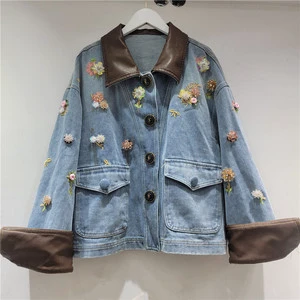 New Innovation Autumn Winter Women's Retro Floral Beaded Denim Loose Fit Slimming Short Jacket