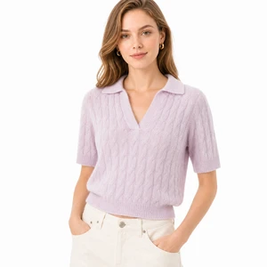 Womens Short Sleeve Cable Knit Polo Top Collared V Neck Pink Pullover Summer Knitwear