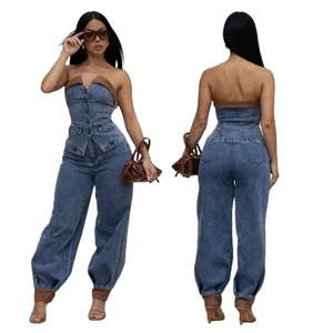 2026 Casual Strapless Denim Sets with Leather Patchwork Women's Single Breasted Crop Top and Long Pants Two Pieces Denim Suit