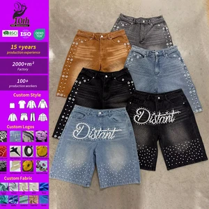 US Free Tax Y2k Custom Distressed Vintage Acid Wash Screen Print Rhinestone Straight Leg Jorts Jeans Baggy Men Denim Shorts Men