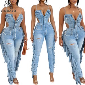 Side Tassel Holes Camisole Denim Jumpsuits Zipper Strapless Spaghetti Straps Backless Stretch Jeans Overalls