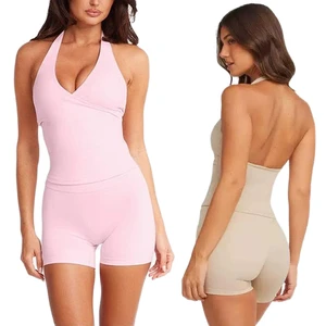 2 Piece Solid Spandex/Nylon Dot Ballet Pilates Yoga Set V-neck Shorts High Elastic Waist Lightweight Luxury Workout Suits