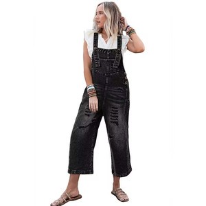 Women's Autumn Casual Style Washed Flat Jumpsuit High Waist Distressed Bib Pocket Wide Leg Solid Print Denim Overall