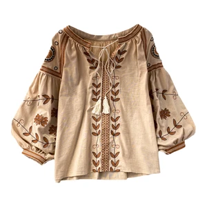 Spring and Autumn Retro Ethnic Style Long Sleeve Round Neck Loose Embroidered Cotton Hemp Pullover Shirt Women's Casual Top