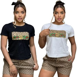Luxury Women's Two Piece Casual Shorts Set Above Knee Length Summer Short Sleeve 100% Cotton