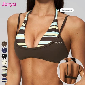 Janya Sexy Backless Halter Neck Color Block Sports Bra 2 in 1 Open Back Removable Pads Quick Dry Yoga Fitness Bras for Women