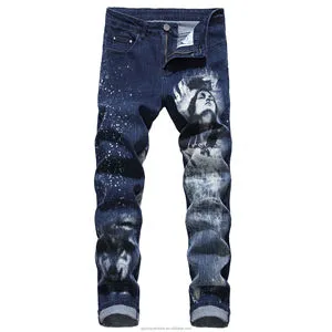 Denim Unique Custom Print Slim Straight Leg Plus Size Men's Blue/White Breathable Washable Spring Jeans with Button Detail