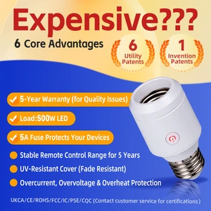 5A Wireless E26/E27 Light Bulb Socket with 433mhz Remote Switch 500W LED Light Control for Pull Chain Lamps