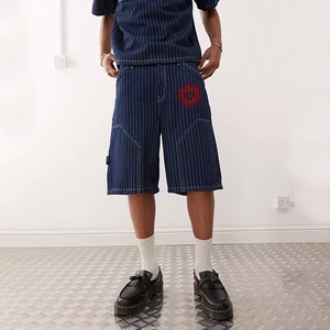DiZNEW Men's Denim Shorts Custom High Quality 100 Cotton Casual Loose Striped Print Jean Shorts