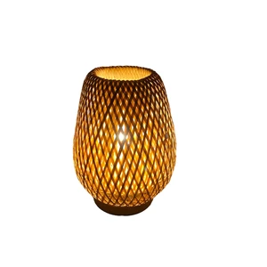 Eye-Caring Modern Flexible Battery Operated Bedroom Bedside Night Light Bamboo Weaving Table Lamp Handmade Natural Wooden Simple