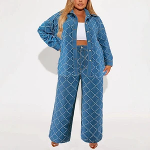 Women's High Quality Plus Size Eco-Friendly Breathable Denim Sets Long Sleeve Autumn Jacket and Jeans Pants Two Piece Set