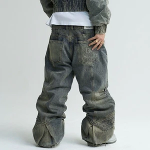 DiZNEW Vintage Washed Baggy Denim Jeans Mens Loose Fit Wide Leg Stacked Embossed Streetwear Logo Pocket Jeans