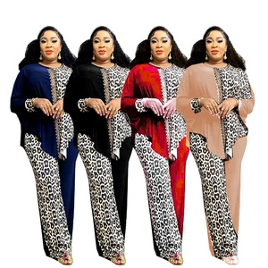 Elegant Leopard Print Bat Top Pants Suit Plus Size Women's Dresses Autumn Collection Made Polyester Adult Size Natural Women