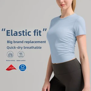 Yoga Wear Sports T-Shirt Quick-Drying Slim Fit Spandex/Nylon Defined Waist Ribbed Trim Womens Fitness Short-Sleeve Top
